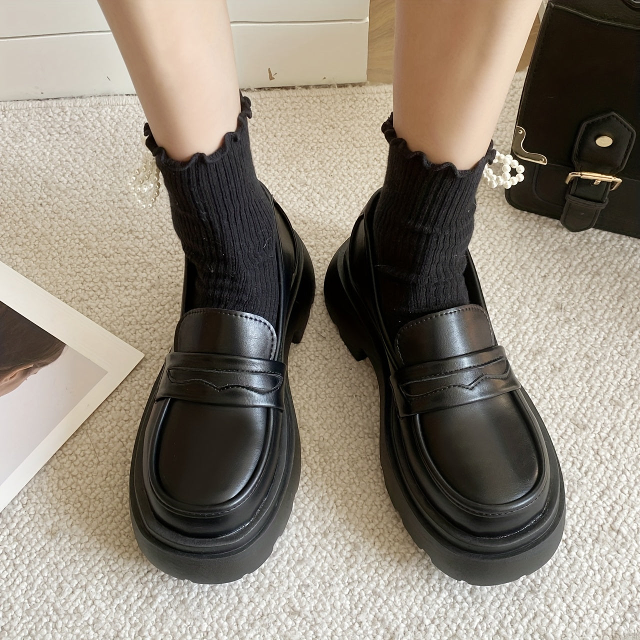 Women's Platform Loafers Slip On Shoes Preppy Style Faux Leather