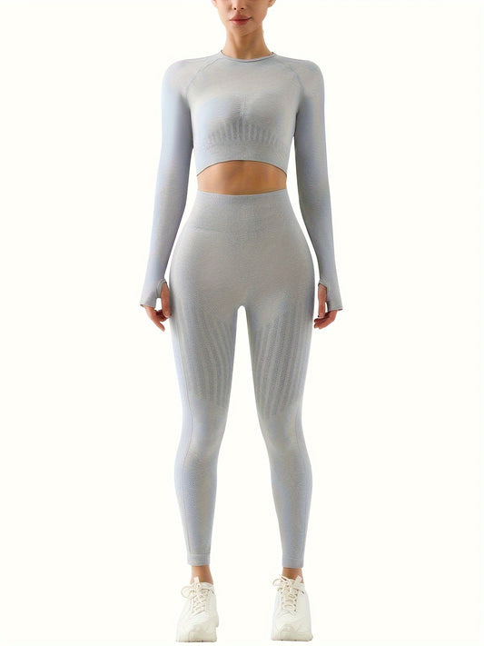 2pcs Yoga Set: Long Sleeve Top & High Waist Leggings, Women's Activewear