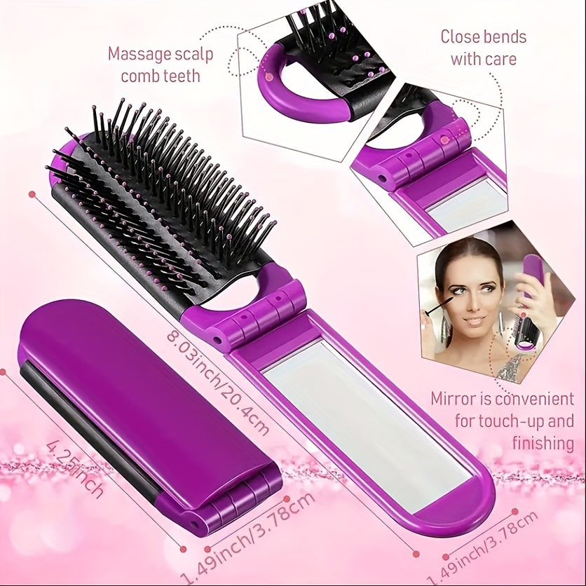 2-in-1 Foldable Hair Brush & Mirror Compact Portable Travel Purse Grooming