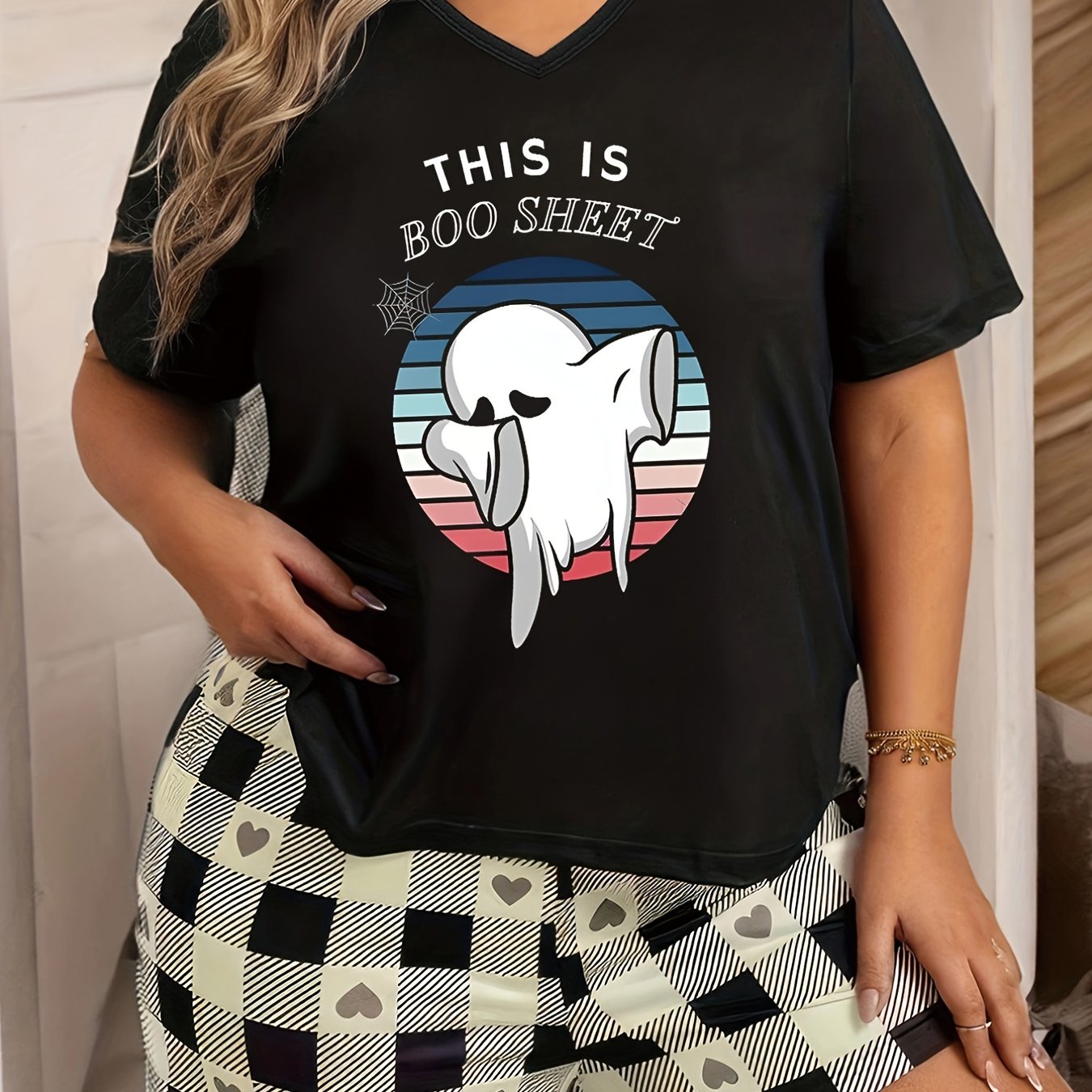  Halloween Lounge Top Women's Plus Ghost & Slogan Print Pajama Top