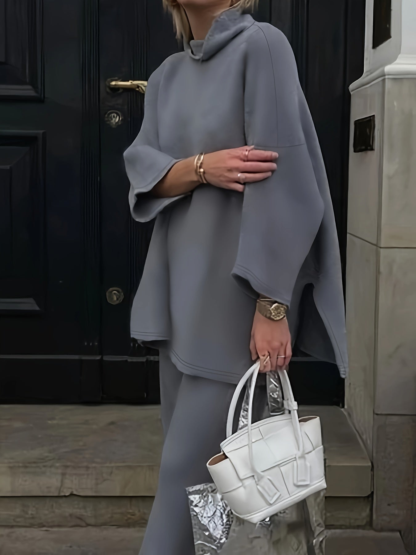 Plus Size Solid High Neck Split Top & Wide Leg Pants Set