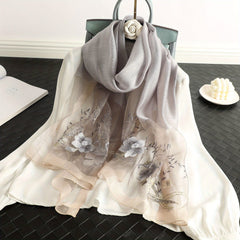 Flower Embroidery Silk Blend Scarf Solid Shawl Breathable Windproof Head Wrap