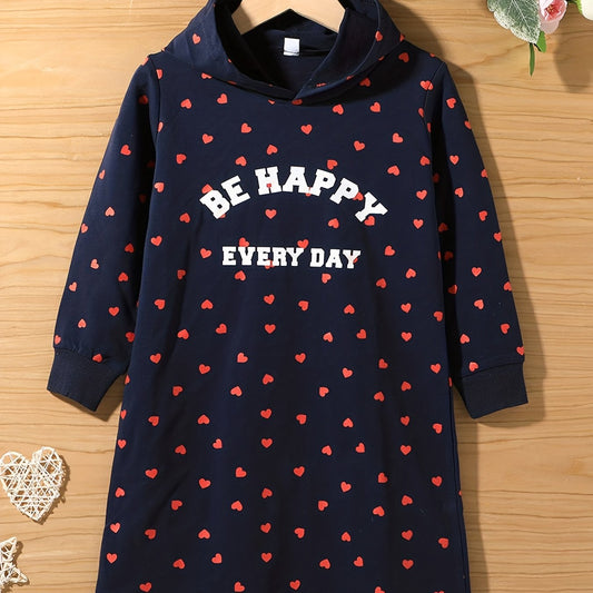 Girls Hearts Hooded Pullover Dress for Spring and Autumn