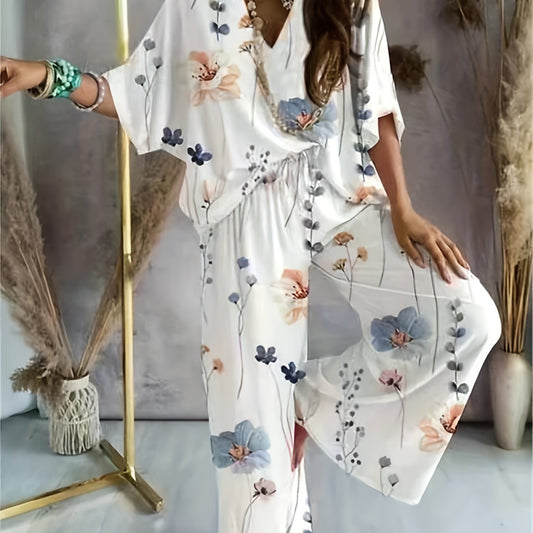 Floral Print Two piece Set V Neck Half Sleeve Tops & Wide Leg Pants