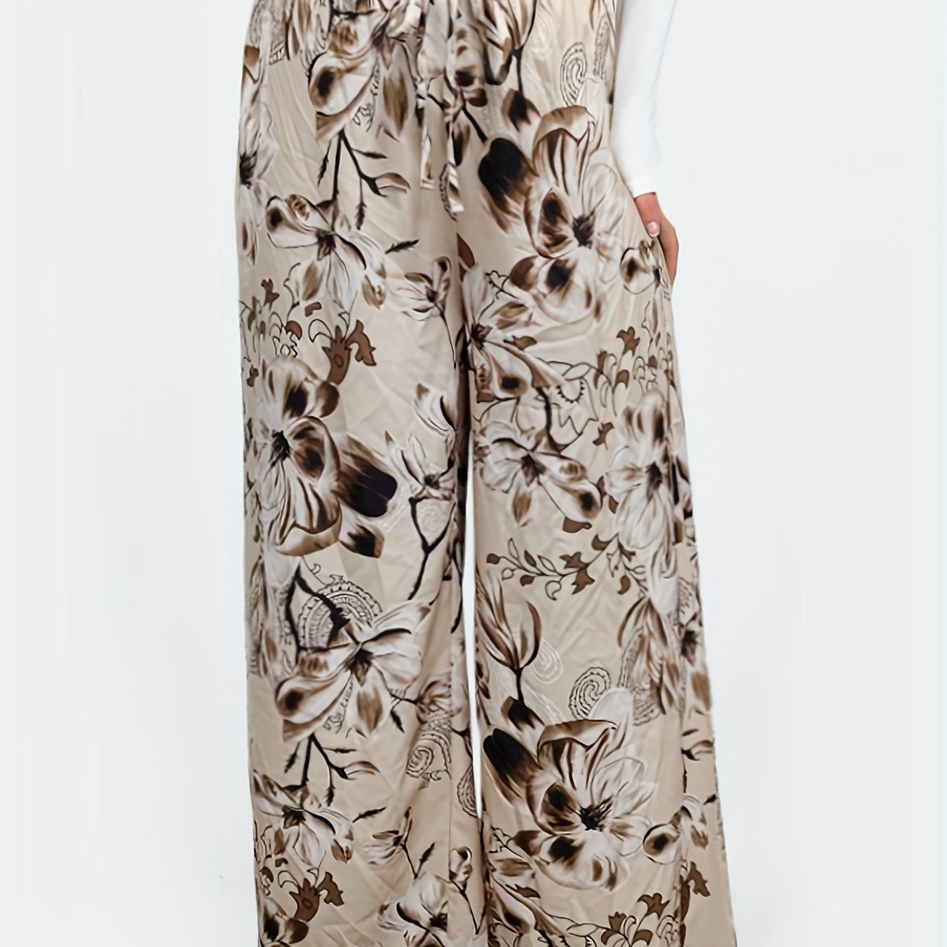  Floral Print Wide Leg Trousers with Drawstring Waist