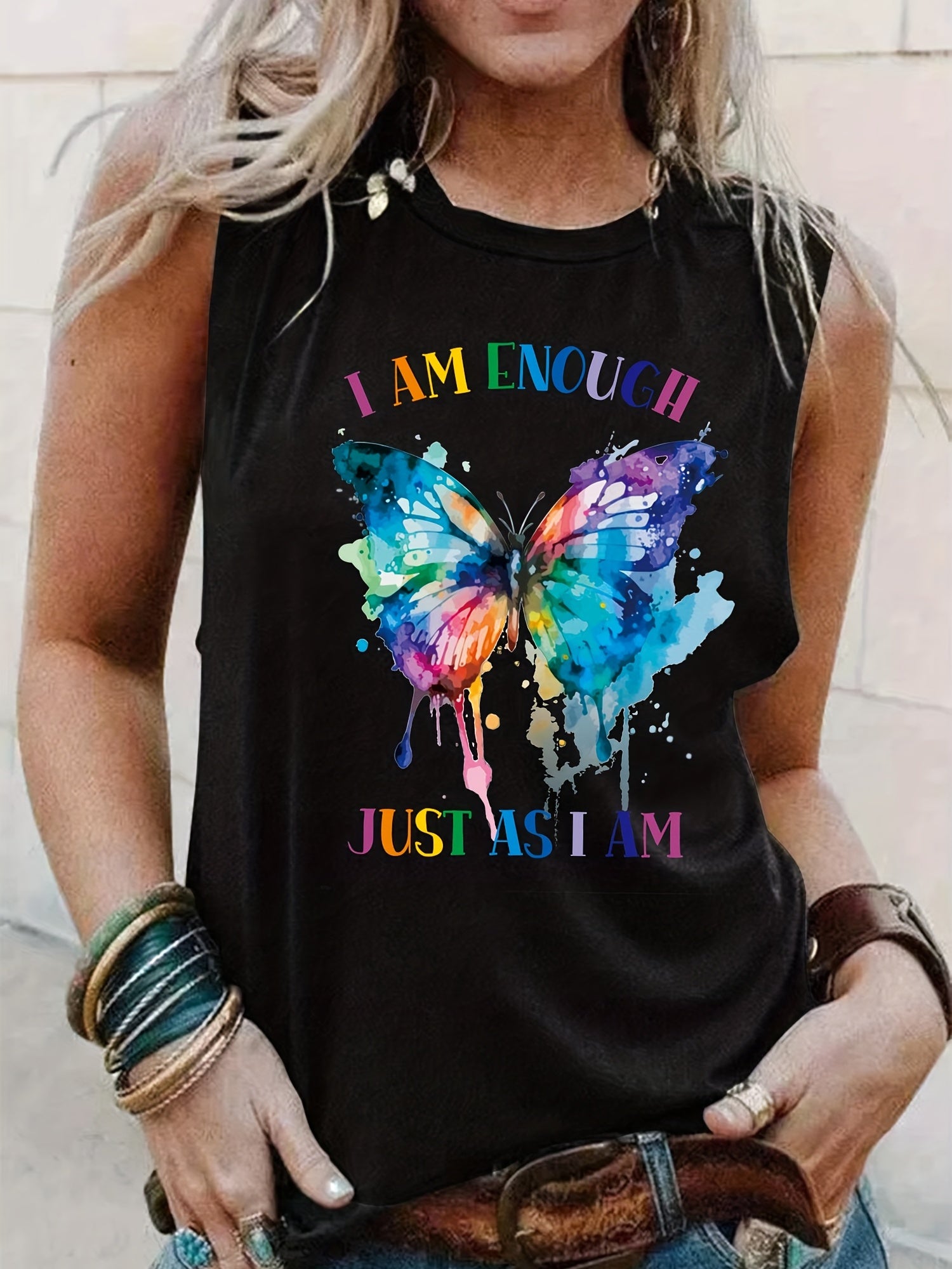 Butterfly Print Tank Top Sleeveless Crew Neck Casual Top