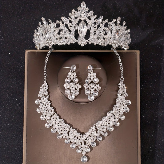 Baroque Crystal Bridal Head Piece Earrings Necklace Set Wedding Jewelry