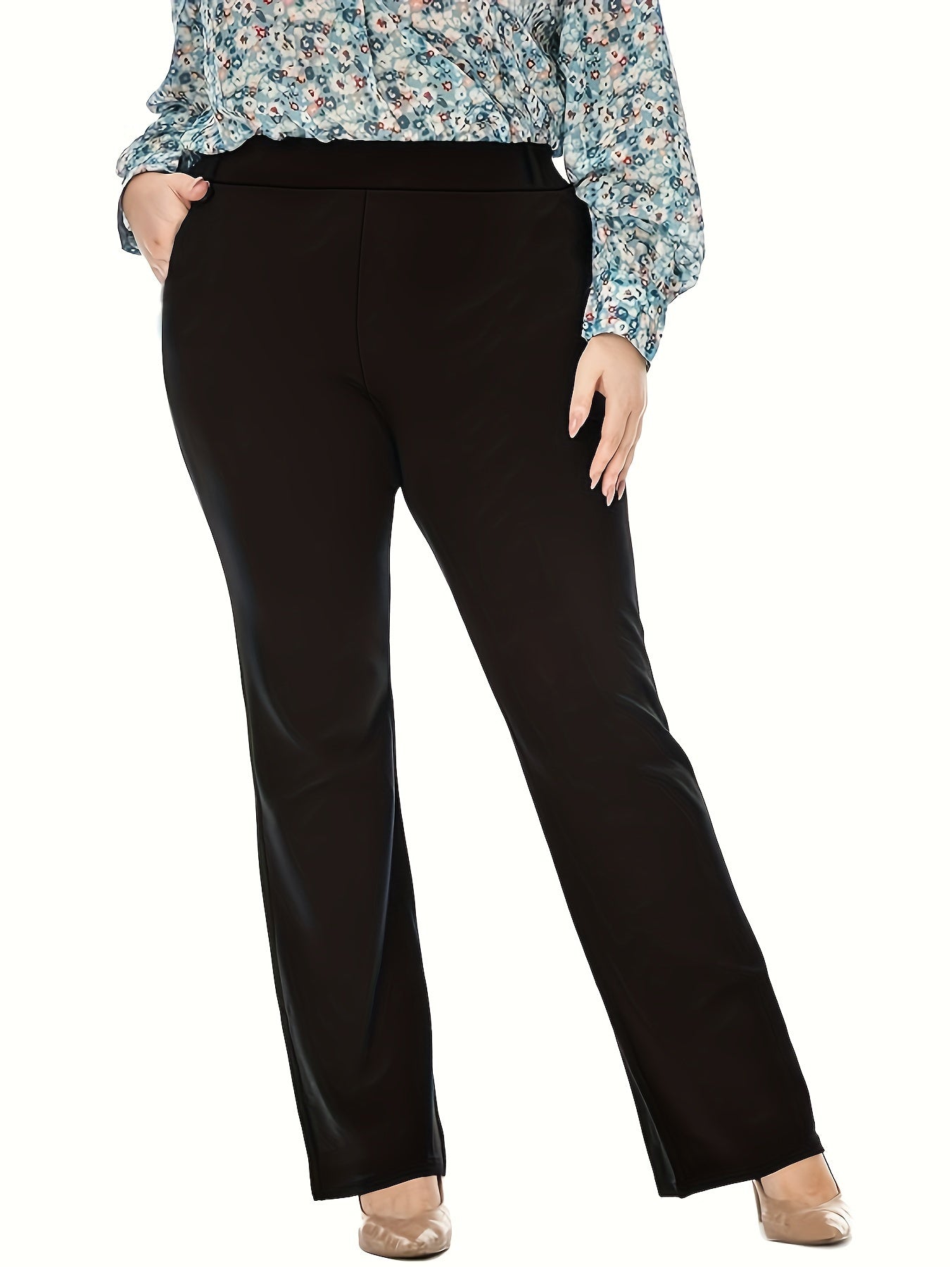  Solid Straight Leg Trousers Medium Stretch
