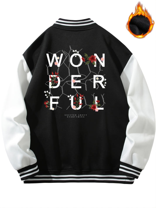 Men's Alphabet Print Fleece Baseball Jacket