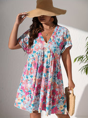  Floral Print V Neck Smock Dress