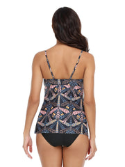 Leaf Print Tiered Layer Bra Trim Tankini Sets Two Piece Swimsuit