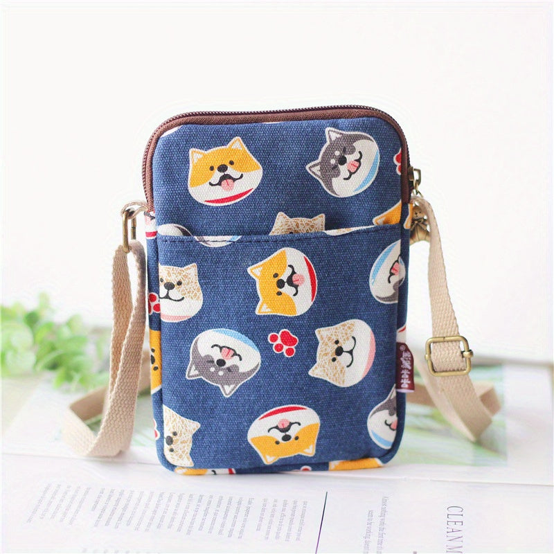 Cartoon Animal Print Phone Bag Lightweight Portable Canvas Crossbody Bag