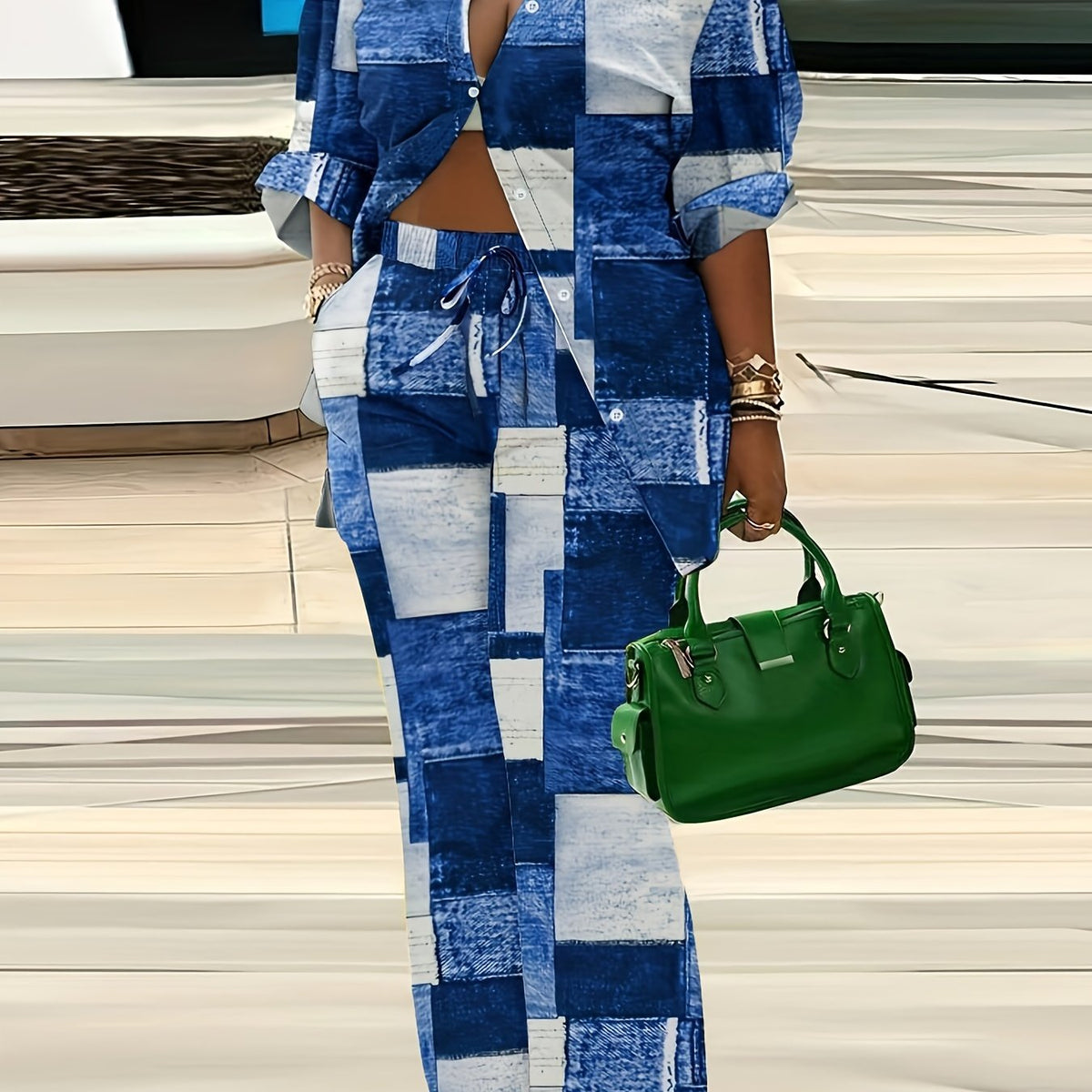  Colorblock Denim Print Shirt & Pants Set