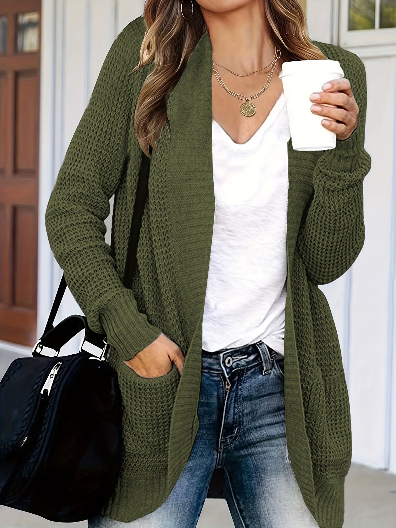 Solid Knit Cardigan Long Sleeve Sweater With Pockets