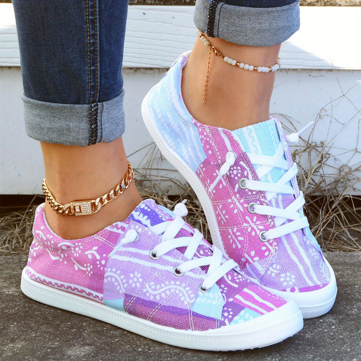 Women's Splicing Colors Canvas Shoes Round Toe Low Top Lace Up Shoes