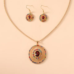 Sun Ray Pendant Necklace & Earrings Set Inlaid Gems Gift