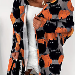  Halloween Cat Print Hooded Cardigan