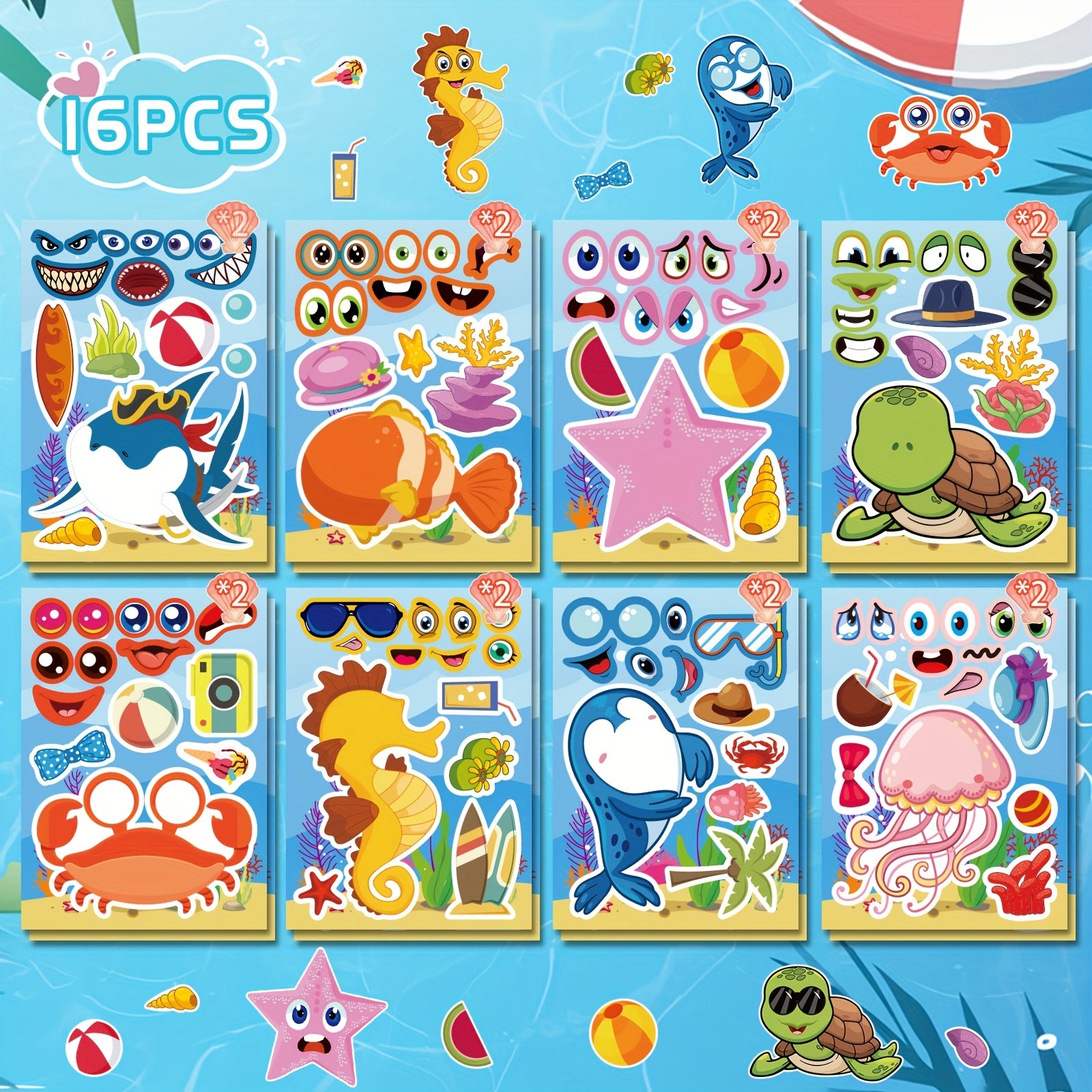 Ocean Adventure Stickers - Marine Life Cartoons with Red Pattern