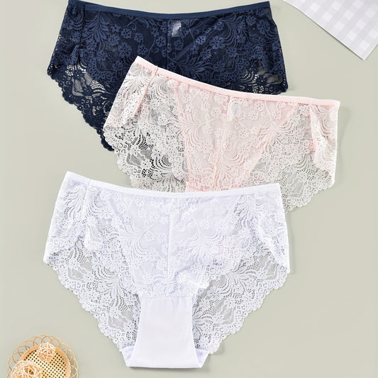 3 Pack Plus Size Panties Set Women's Plus Floral Lace Mid Rise Romantic Briefs