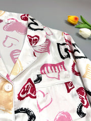 Heart & Floral Print Pajama Set Long Sleeve Buttons Top & Elastic Waistba