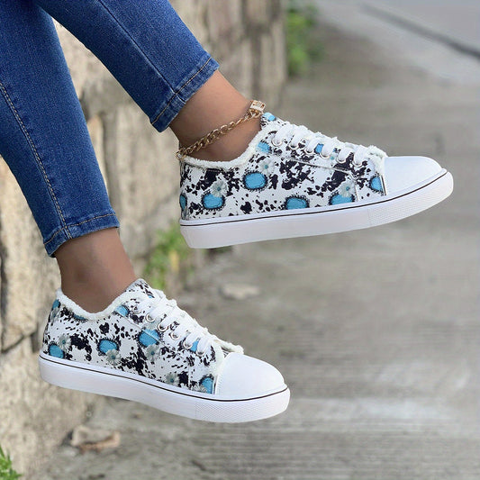 Floral Print Canvas Lace Up Sneakers Low Top Flat Walking Shoes
