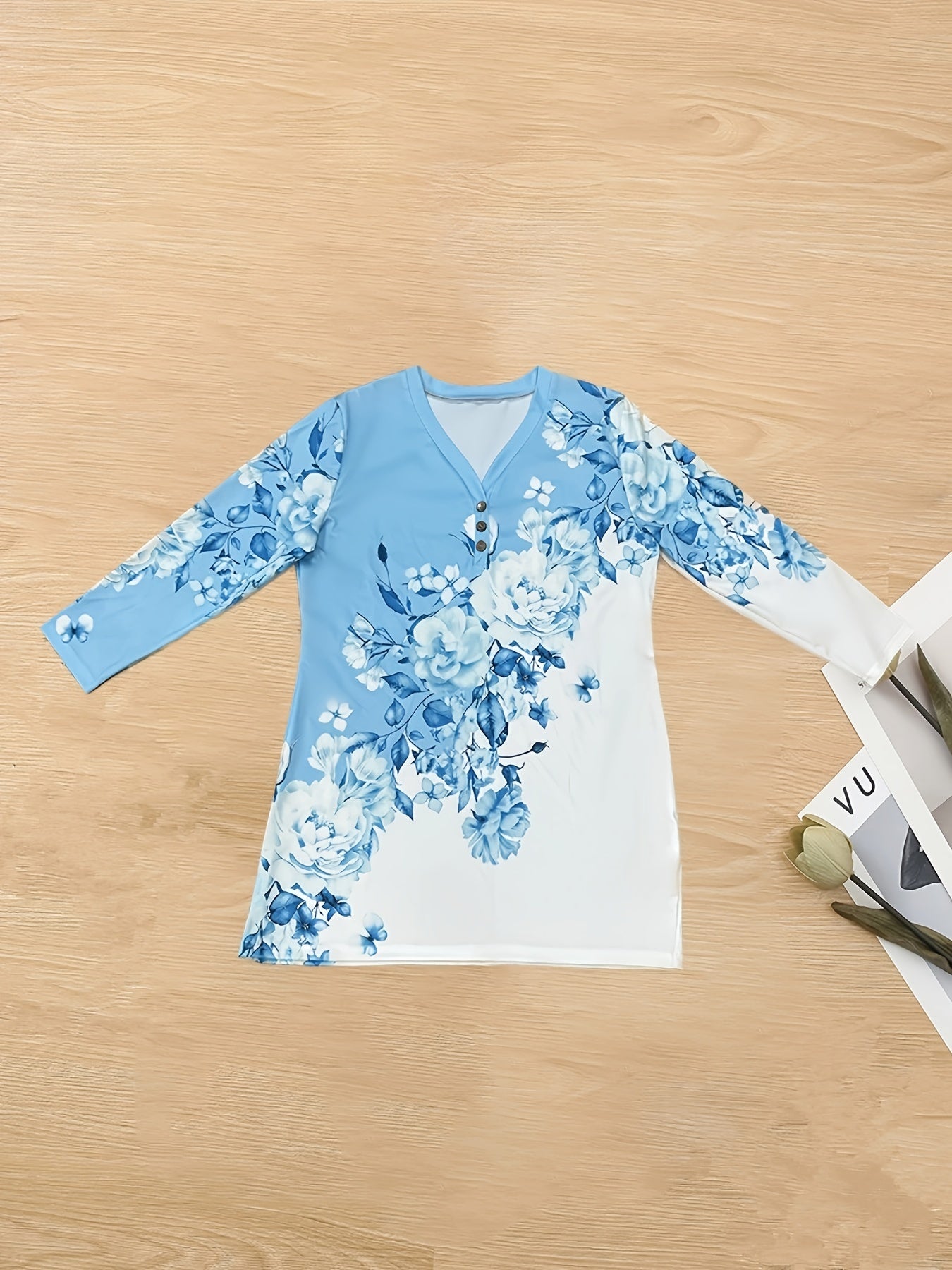  Sexy Dress Women's Plus Floral Print Button Decor Long Sleeve V Neck