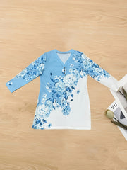  Sexy Dress Women's Plus Floral Print Button Decor Long Sleeve V Neck