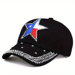Pentagram Patch Denim Baseball Cap Rhinestone Hip Hop Distressed Dad Hat