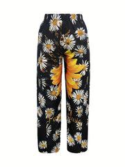 Women's Plus Sunflower Print Wide Leg Pants With Pockets
