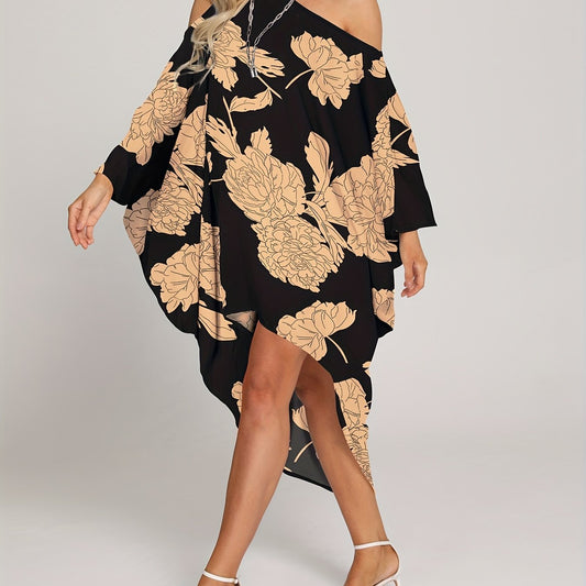 Floral Print Cover Up Dress One Shoulder Asymmetrical Rash Guard Kaftan