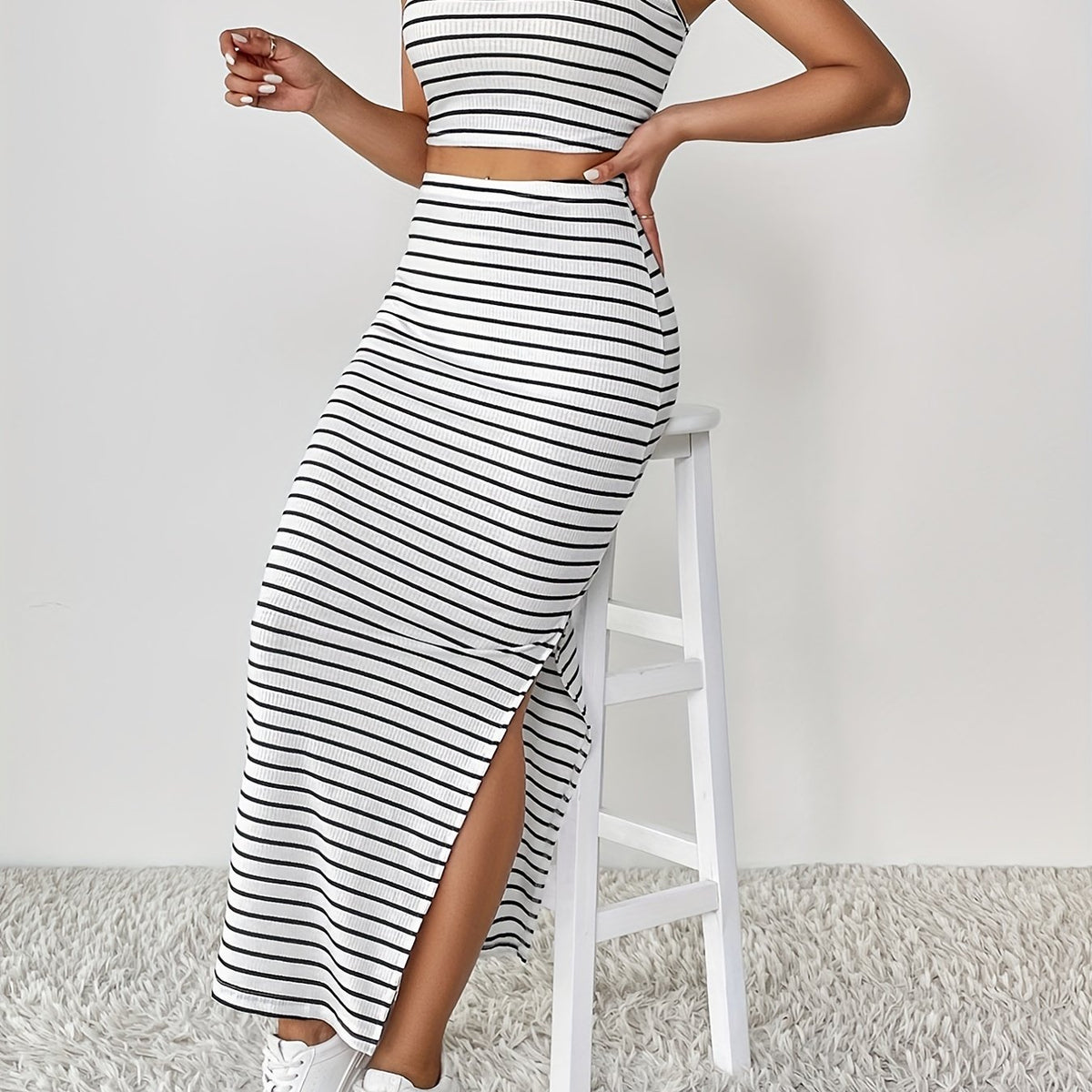 Striped Print 2pc Set Tank Top & Split Skirt Outfit Women's Clothing