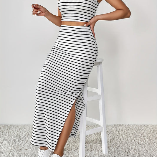 Striped Print 2pc Set Tank Top & Split Skirt Outfit Women's Clothing