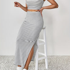 Striped Print 2pc Set Tank Top & Split Skirt Outfit Women's Clothing