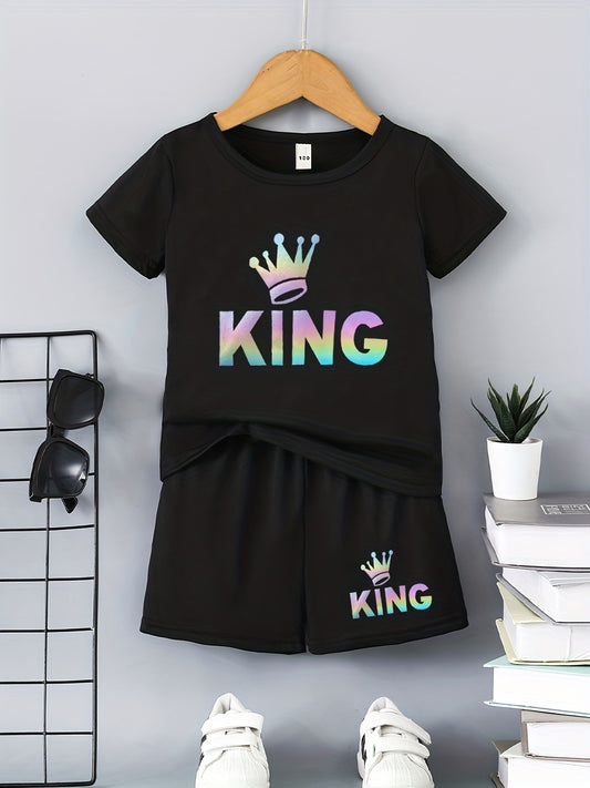 2pcs Boys Casual KING Crown Graphic Print T-shirt & Shorts Set