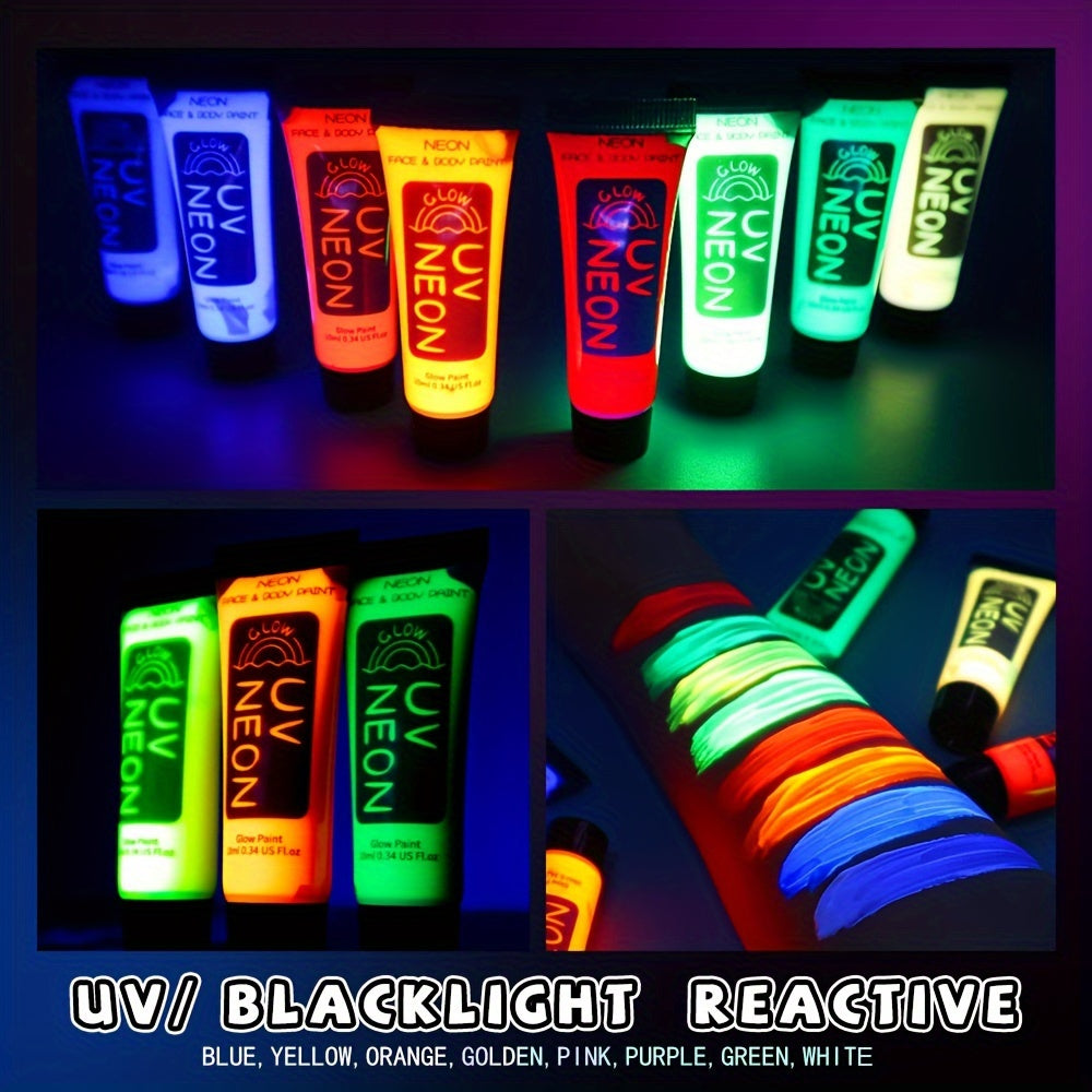 UV Body Paint Kit Glow in the Dark Blacklight Reactive Stencils Brushes