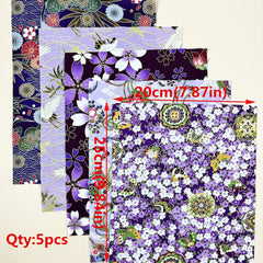 5pcs Purple Cotton Flower Printed Cheongsam Kimono Dress Fabric