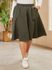  Solid Elastic Button Decor High Rise Knee Length Skirt