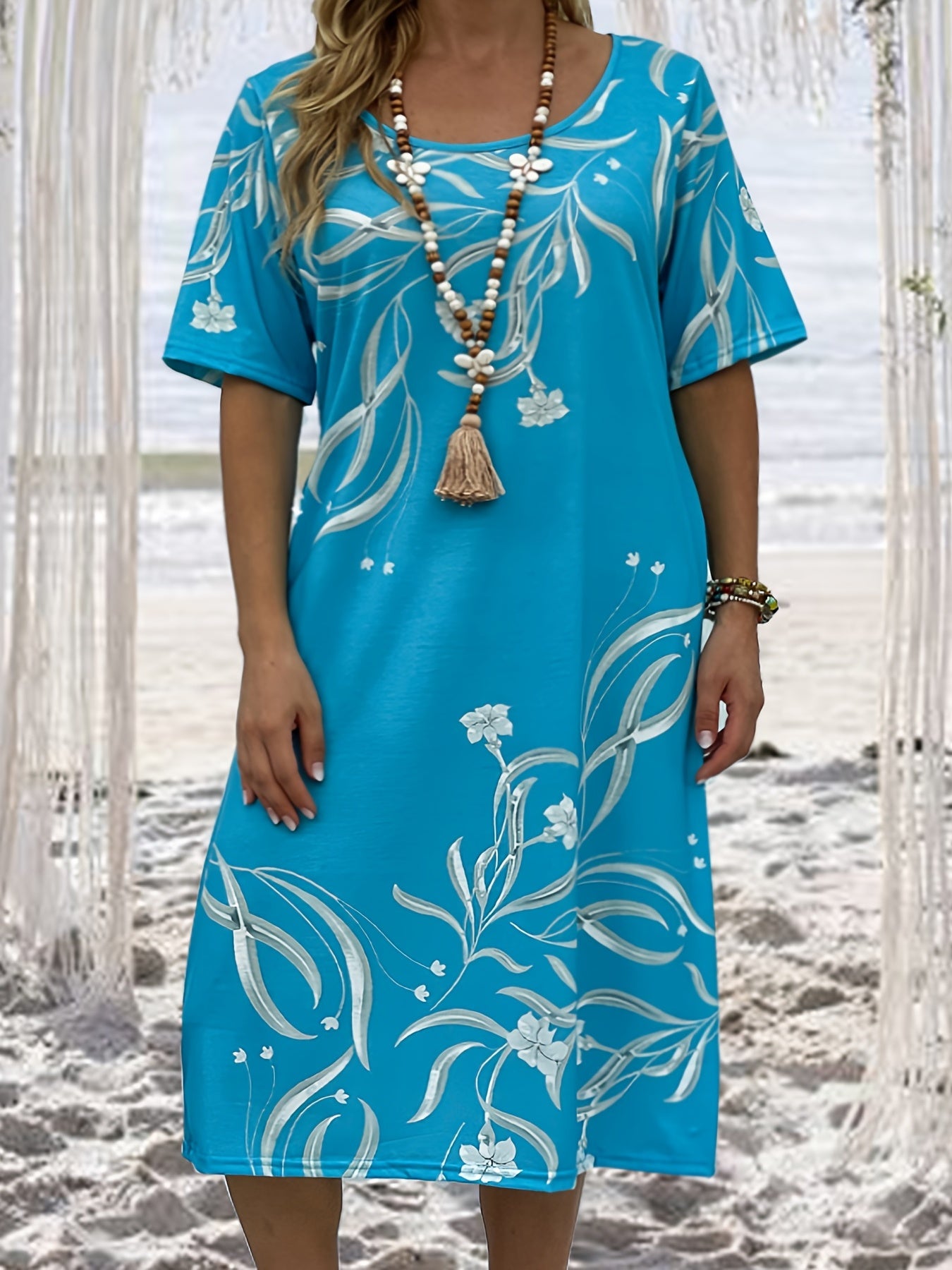  Boho Dress Women's Plus Floral Print Midi T shirt Dress