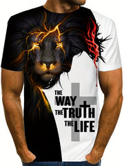 Men's 3D Lion & Cross Graphic Print T-shirt - Casual Crew Neck Tee