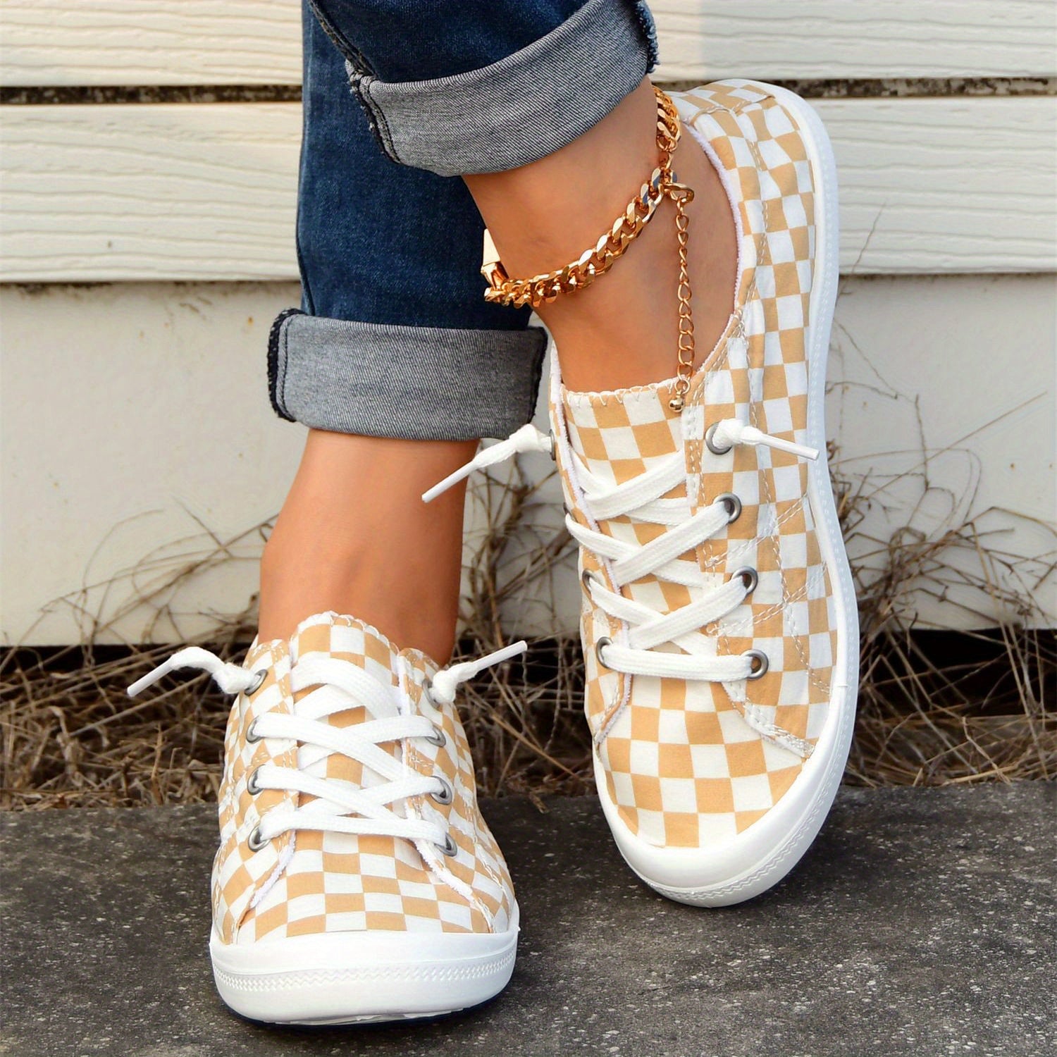 Women's Checkerboard Pattern Shoes Lace Up Comfy Canvas Shoes