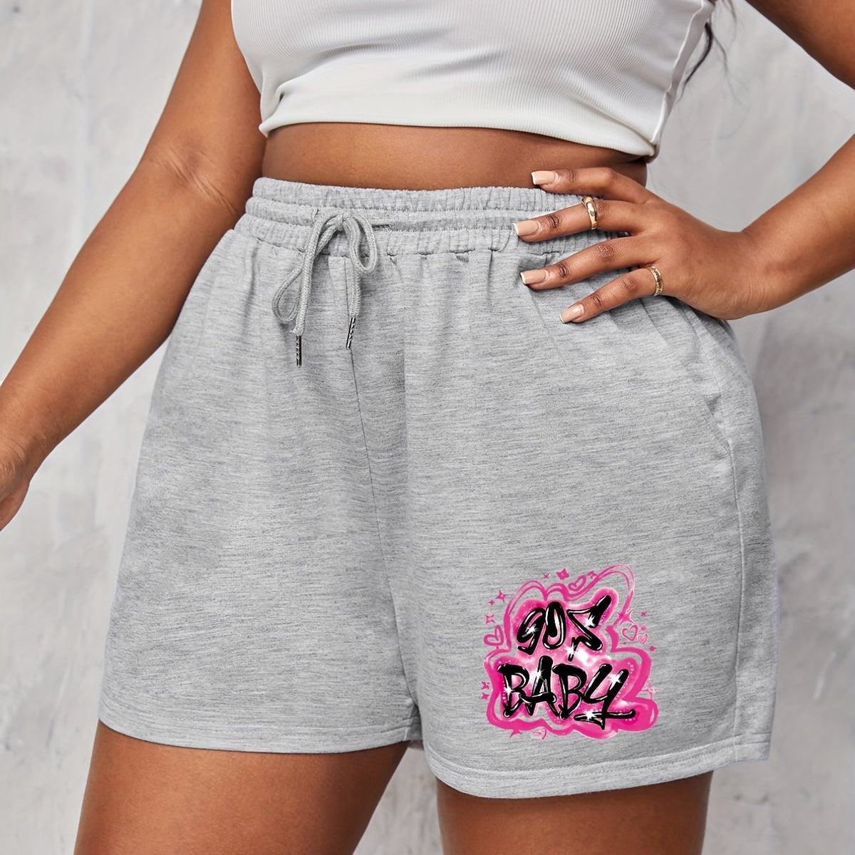  Art Letter Print Elastic Drawstring Stretch Shorts
