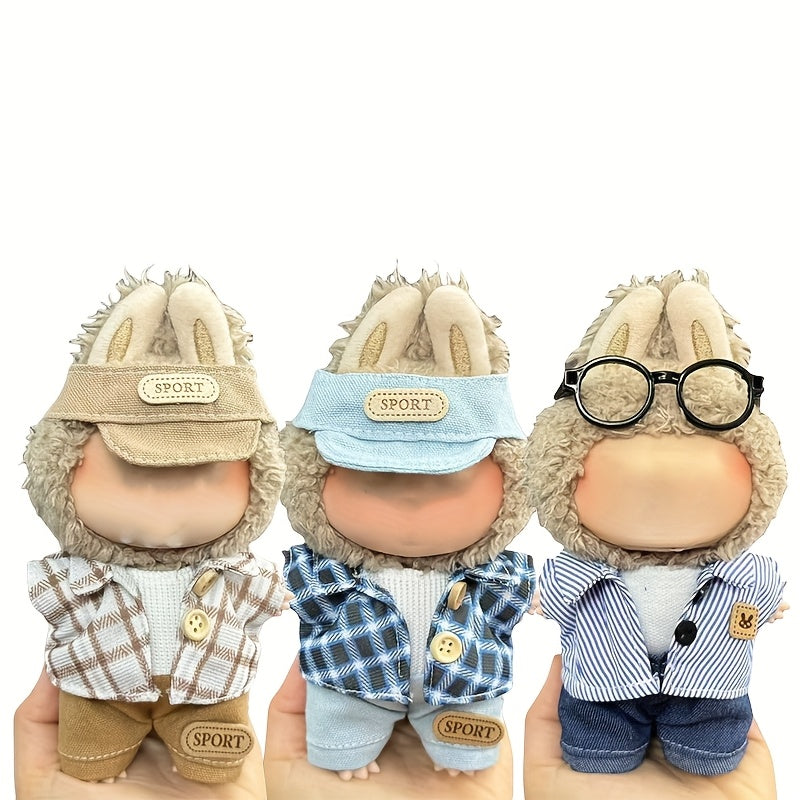 3pcs 6.69in Doll Outfit Set Plaid Hat & Glasses Casual Look
