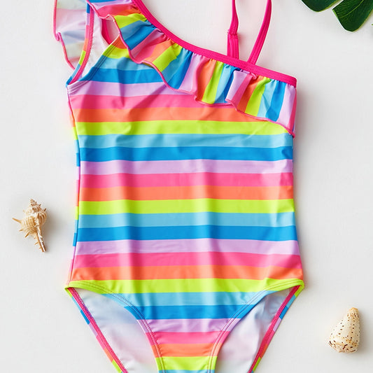 Toddler Girls Rainbow One Piece Swimsuit Ruffle Trim Summer Beach Clothes
