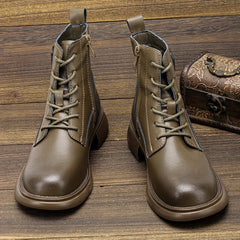 Women's Chunky Heel Lace-Up Side Zipper Leather Boots