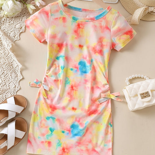 Girls Tie Dye Graphic Bowknot Slim Dress