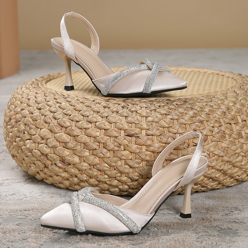 Women's Rhinestone Stiletto Sandals Pointed Toe Mid Heels