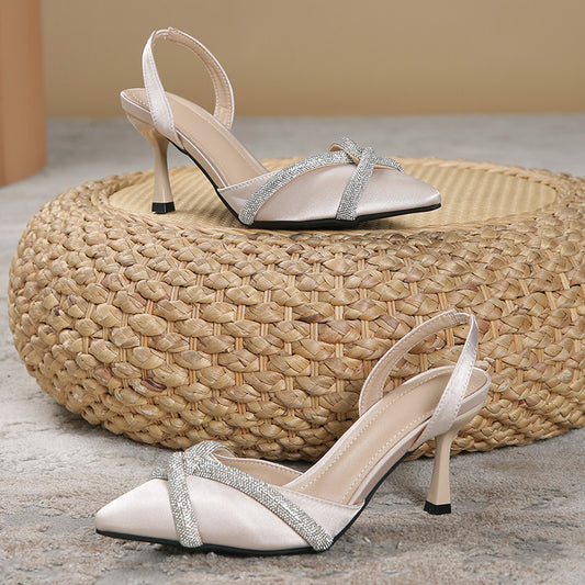 Women's Rhinestone Stiletto Sandals Pointed Toe Mid Heels