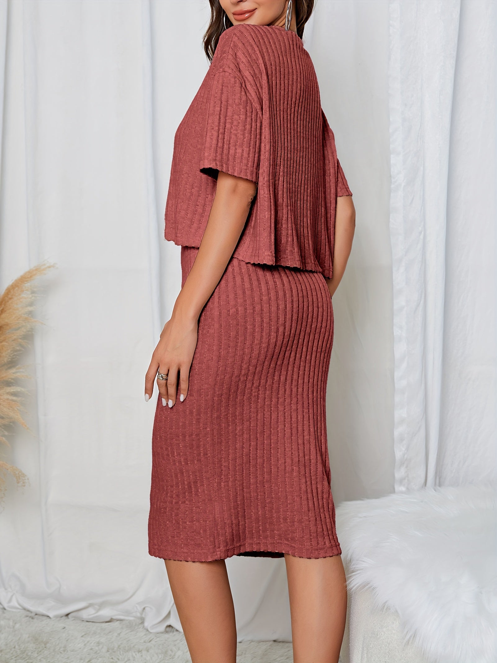 Ribbed Two piece Set V Neck Short Sleeve Tops & Bag Hip Midi Skirts