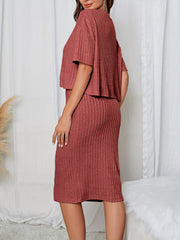 Ribbed Two piece Set V Neck Short Sleeve Tops & Bag Hip Midi Skirts