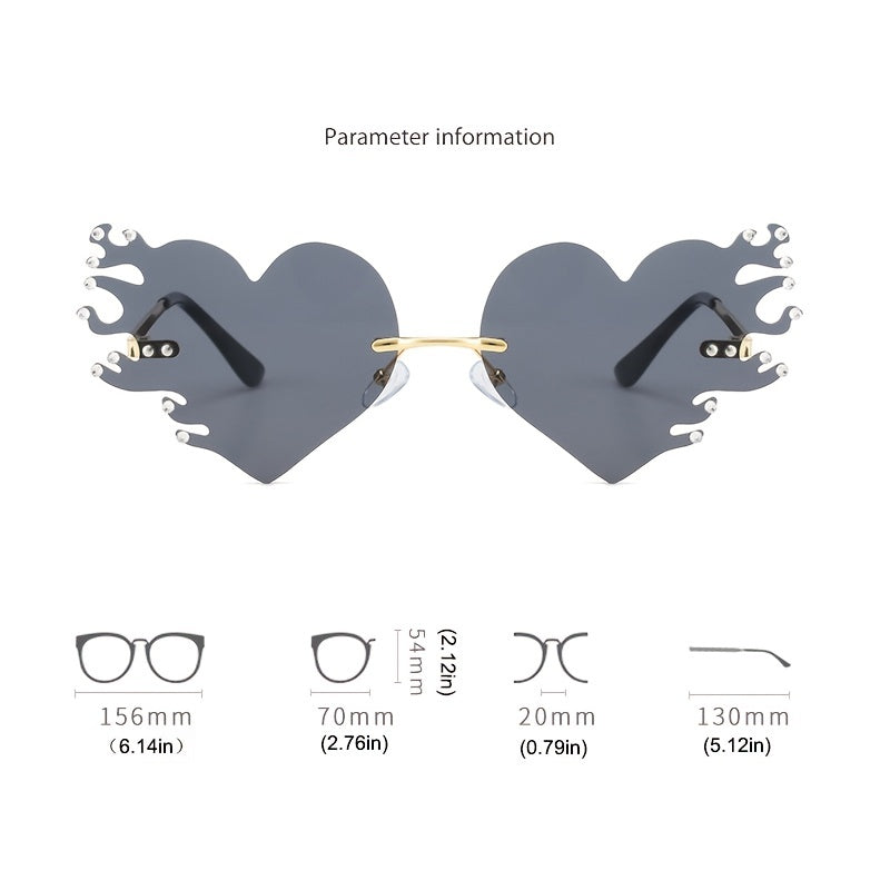 Rimless Flame Heart Sunglasses 90s Burning Glasses